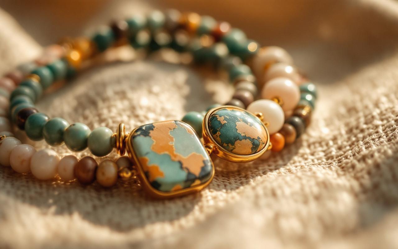 Gros plan sur boucles d'oreilles et bracelets boho minimalistes sertis de pierres naturelles, tons terreux beige et terracotta avec touches vertes, lumière douce de coucher de soleil, arrière-plan en lin texturé, faible profondeur de champ, détails métalliques mats