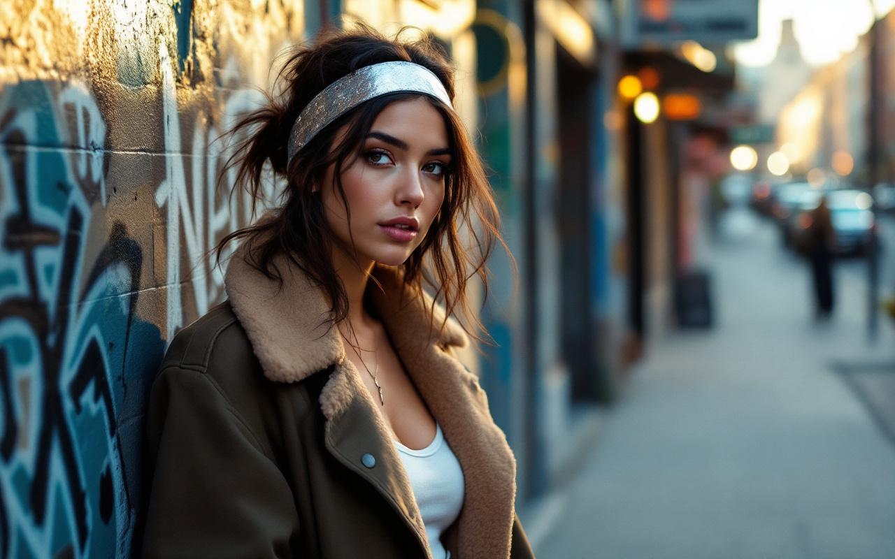 Personne en look street portant un serre-tete metallique, debout sur un trottoir urbain devant des murs graffites et devantures de cafe, veste oversize superposee et jean taille haute, serre-tete argent refl etant la lumiere douce du debut de soiree, ambiance urbaine chaleureuse aux tons bleus et verts.